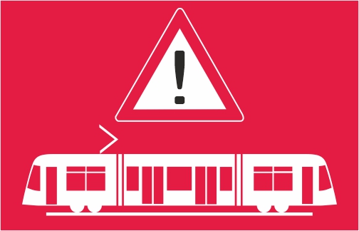 Roter Hintergrund mit Straßenbahn-Piktogramm und Warndreieck